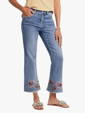 Flamingals Floral Embroidered Light Wash Mid Rise Cropped Jeans Size XL NWT